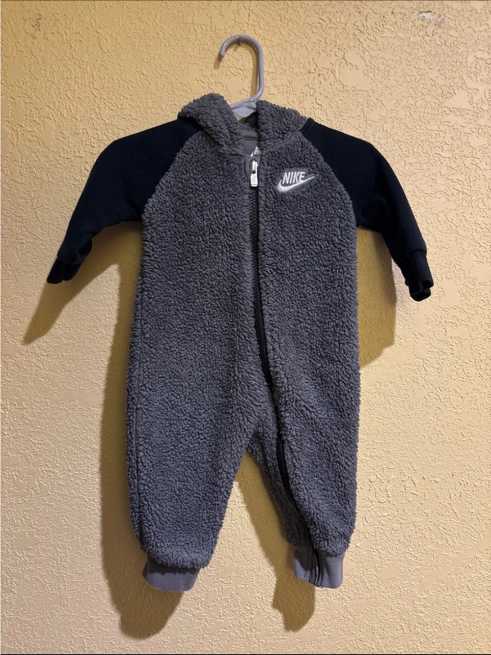 Baby Boy Nike Gray and Black Sherpa Fleece One-Piece Bodysuit